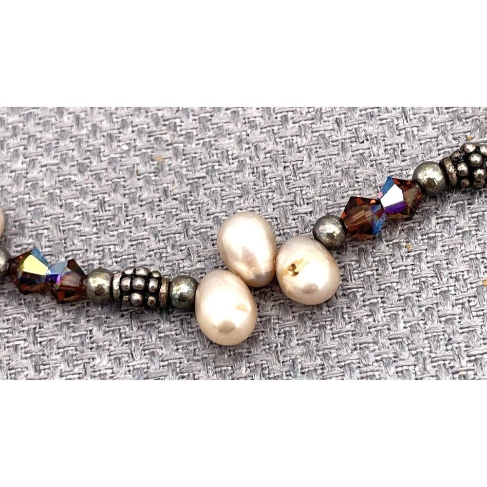 925 Sterling Silver Pearl Faceted Beaded Necklace Adjustable 14 to 17 Inch - Picture 4 of 6